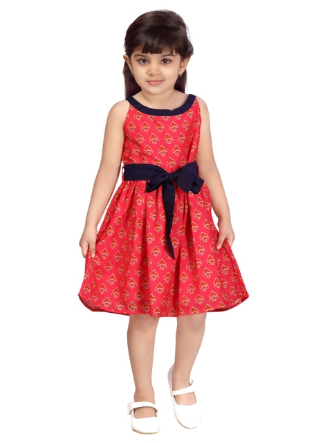 

Aarika Girls Fuchsia & Navy Blue Ethnic Motifs Printed Cotton Fit & Flare Dress