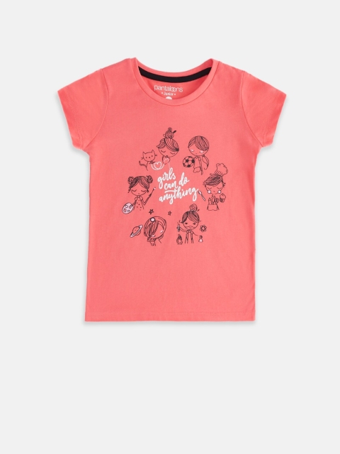 

Pantaloons Junior Girls Coral Pink Typography Printed Cotton T-shirt