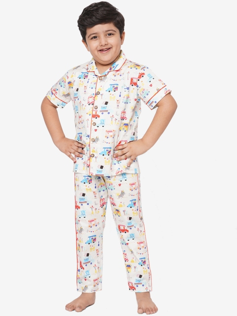 

CASA DE NEE NEE Unisex Kids Off White & Blue Seaside Printed Night suit
