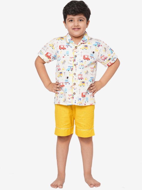 

CASA DE NEE NEE Kids Off-White & Yellow Printed Pure Cotton Night Suit