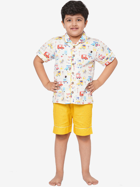 

CASA DE NEE NEE Kids Off White & Yellow Printed Pure Cotton Night suit