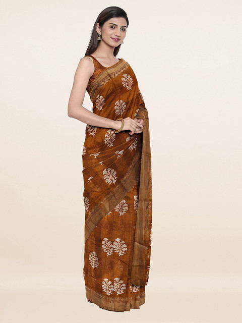 

Pothys Khaki & Off White Floral Cotton Blend Saree