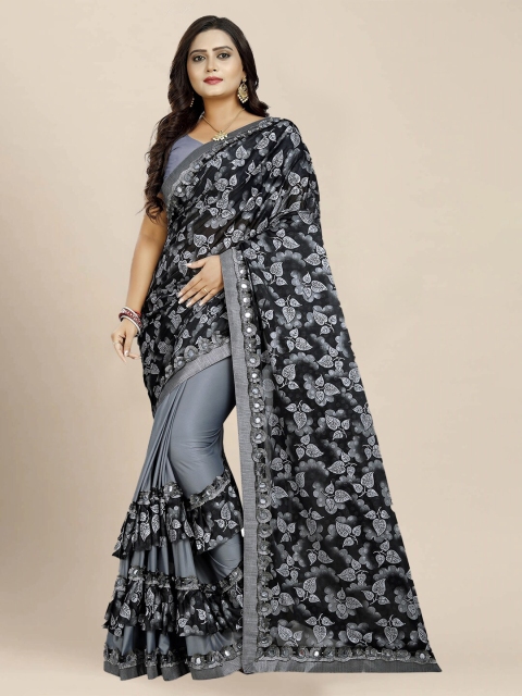 

VAIVIDHYAM Grey & Black Floral Print Silk Blend Saree