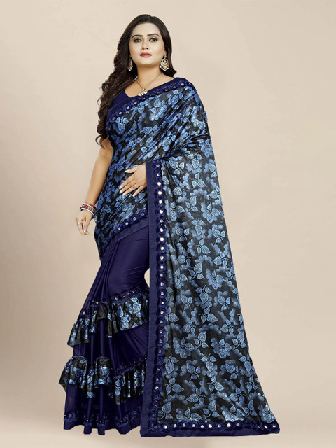 

VAIVIDHYAM Blue Floral Printed Silk Blend Ruffle Saree