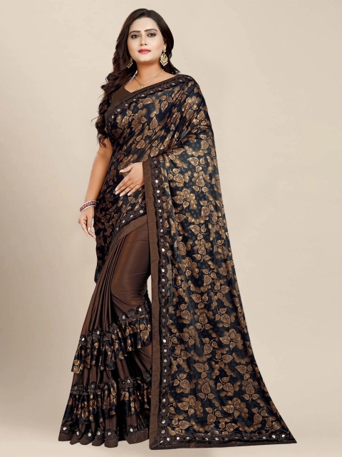 

VAIVIDHYAM Brown Floral Mirror Work Silk Blend Ruffle Saree