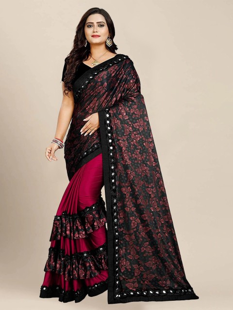 

VAIVIDHYAM Maroon & Black Floral Silk Blend Ruffle Saree With Lace