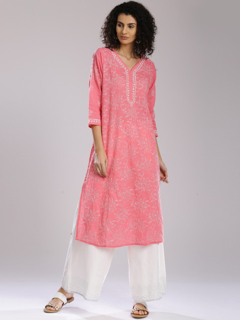 

Fabindia Women Pink Embroidered A-Line Kurta