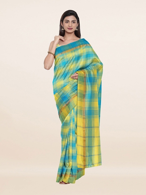 

Pothys Yellow & Blue Checked Pure Cotton Saree