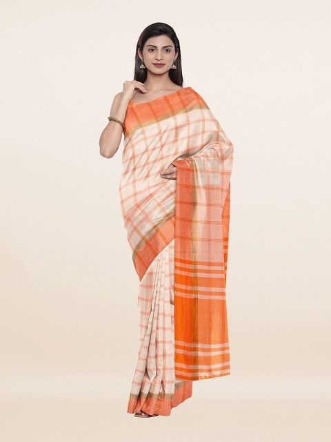 

Pothys Off White & Orange Checked Pure Cotton Saree