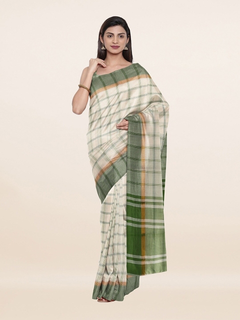 

Pothys Off White & Green Checked Pure Cotton Saree