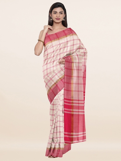 

Pothys Off White & Pink Checked Pure Cotton Saree