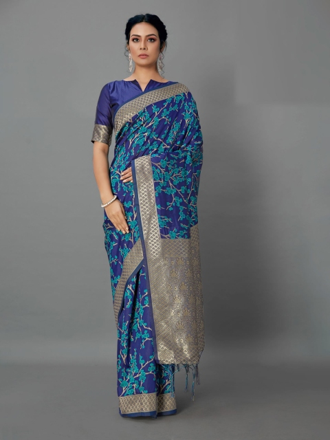 

KALINI Navy Blue & Gold-Toned Floral Saree