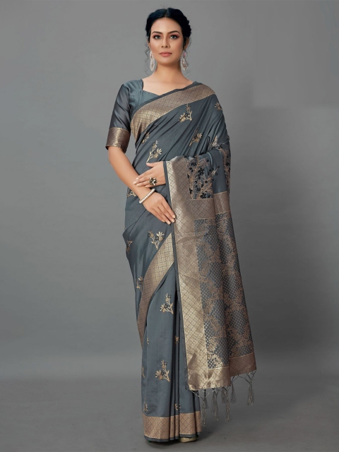 

KALINI Grey & Gold-Toned Floral Woven Design Saree