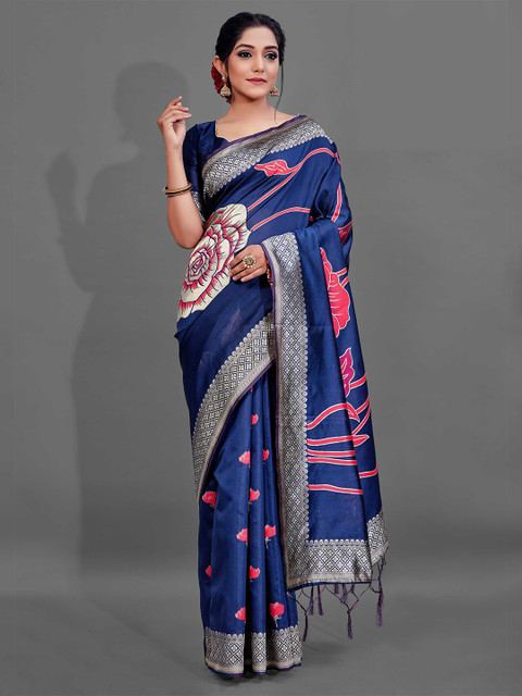 

KALINI Navy Blue & Red Floral Zari Saree