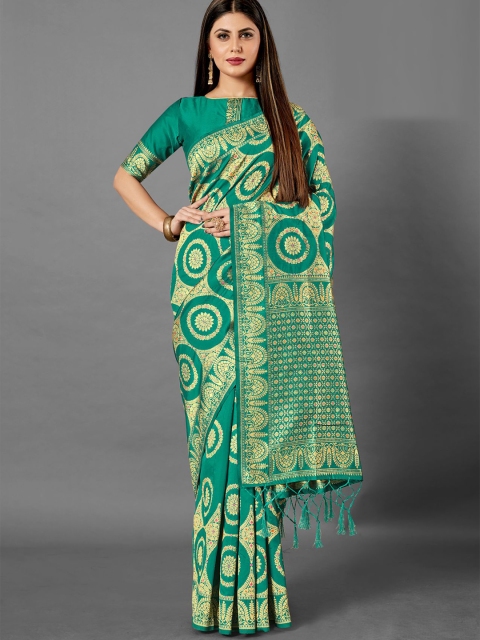 

KALINI Sea Green & Golden Ethnic Motifs Silk Blend Saree