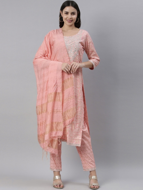 

Pashmoda Women Peach-Coloured Embroidered Layered Thread Work Pure Cotton Kurti with Trousers & With Dupatta