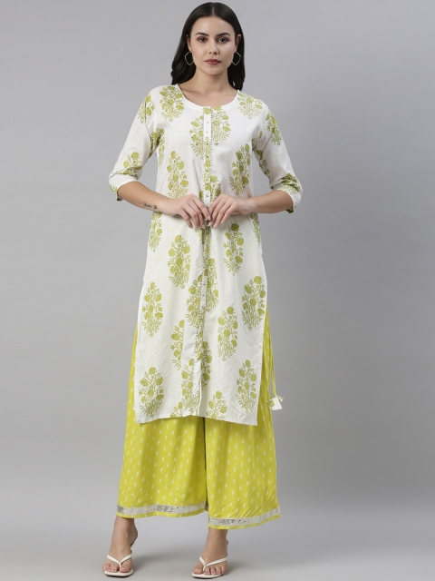

Pashmoda Women White & Lime Green Ethnic Motifs Printed Pure Cotton Kurta with Palazzos