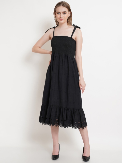 

Purple State Black Smocked Cotton Fit & Flare Midi Dress