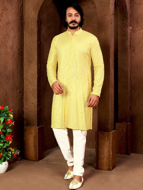 

amzira Men Yellow Embroidered Sequinned Kurta with Pyjamas