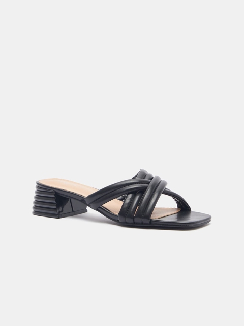 

shoexpress Black Textured PU Block Mules with Laser Cuts