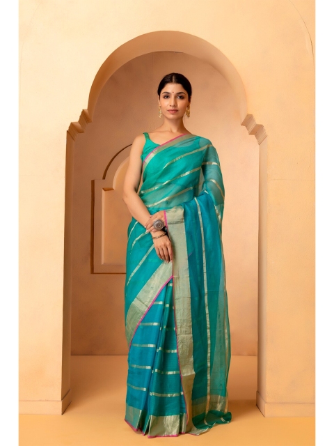 

Geroo Jaipur Blue & Gold-Toned Striped Zari Pure Silk Kota Saree