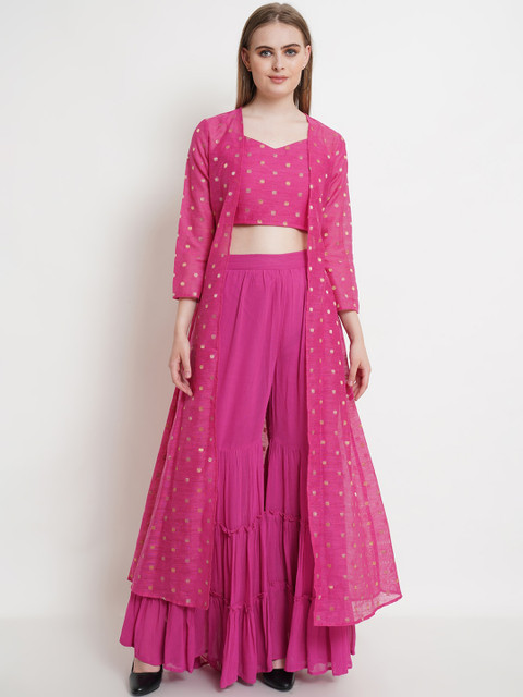 

Purple State Women Pink Floral Embroidered Top with Sharara with Shrug