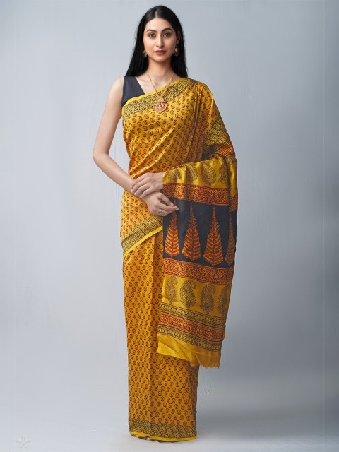 

Unnati Silks Yellow & Black Bagh Pure Silk Chanderi Saree