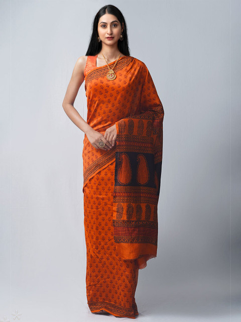

Unnati Silks Orange & Black Bagh Pure Silk Chanderi Saree