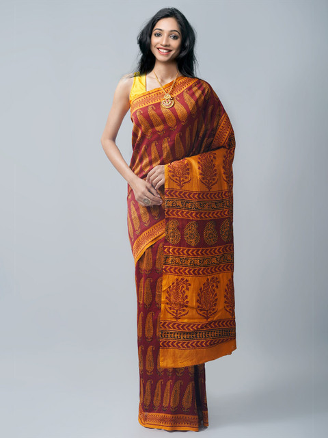 

Unnati Silks Maroon & Black Paisley Pure Silk Chanderi Saree
