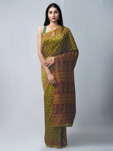 

Unnati Silks Olive Green & Maroon Bagh Pure Silk Chanderi Saree