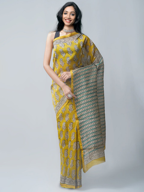 

Unnati Silks Yellow & Grey Paisley Silk Cotton Chanderi Saree