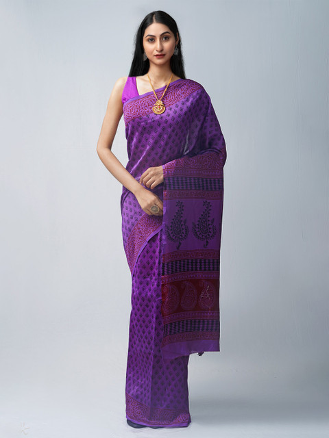

Unnati Silks Violet & Black Bagh Pure Silk Chanderi Saree