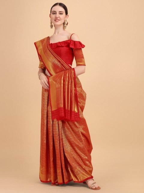 

Sangria Red & Gold-Toned Ethnic Motifs Zari Silk Blend Kanjeevaram Saree