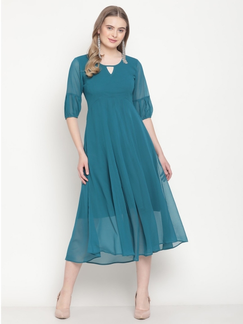 

COASTLAND Women Turquoise Blue Solid Keyhole Fit & Flare Georgette Dress