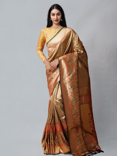 

Unnati Silks Gold-Toned & Green Silk Blend Banarasi Saree