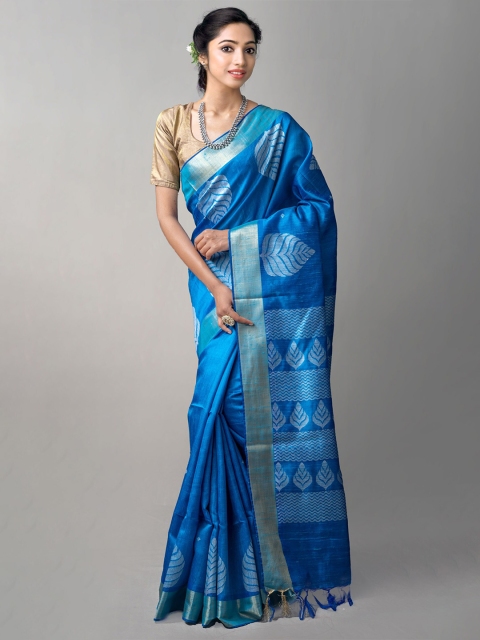 

Unnati Silks Blue Ethnic Motifs Zari Pure Silk Tussar Saree
