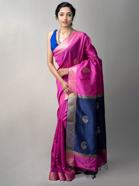 

Unnati Silks Pink & Black Woven Design Silk Blend Tussar Saree