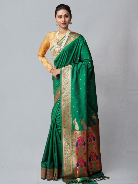 

Unnati Silks Green & Gold-Toned Woven Design Silk Blend Banarasi Saree