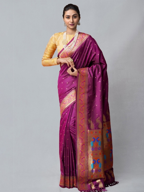 

Unnati Silks Purple & Gold-Toned Silk Blend Banarasi Saree