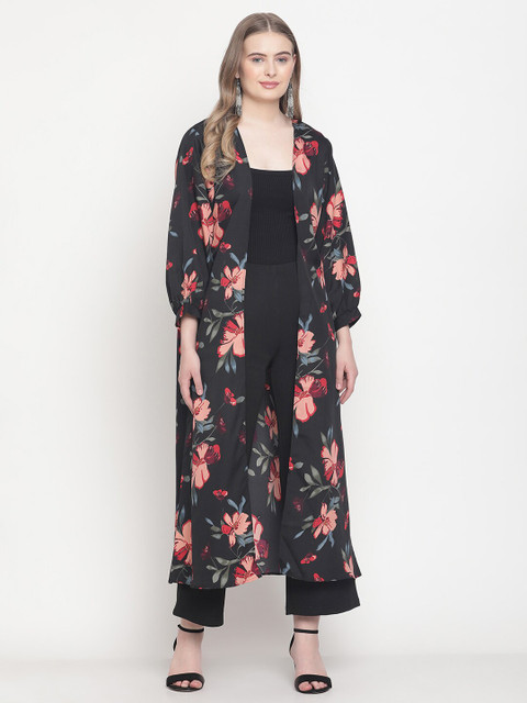 

COASTLAND Women Black & Pink Floral Printed Shrug