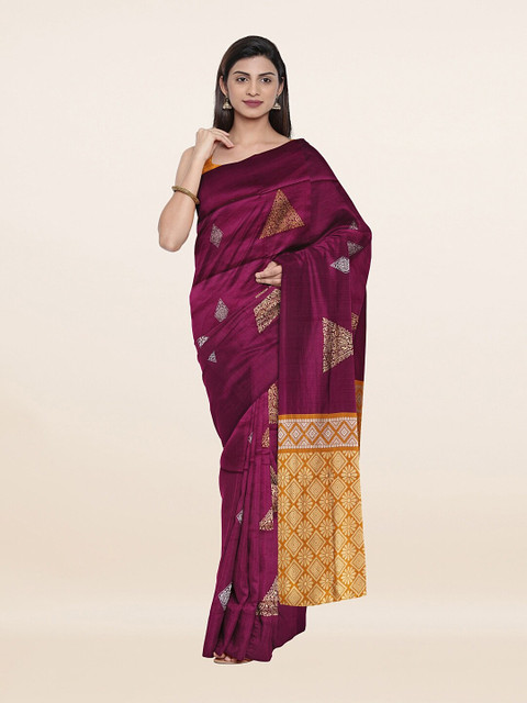 

Pothys Violet & Golden Ethnic Motifs Art Silk Saree