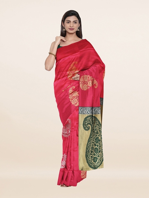 

Pothys Pink & Green Ethnic Motifs Art Silk Saree