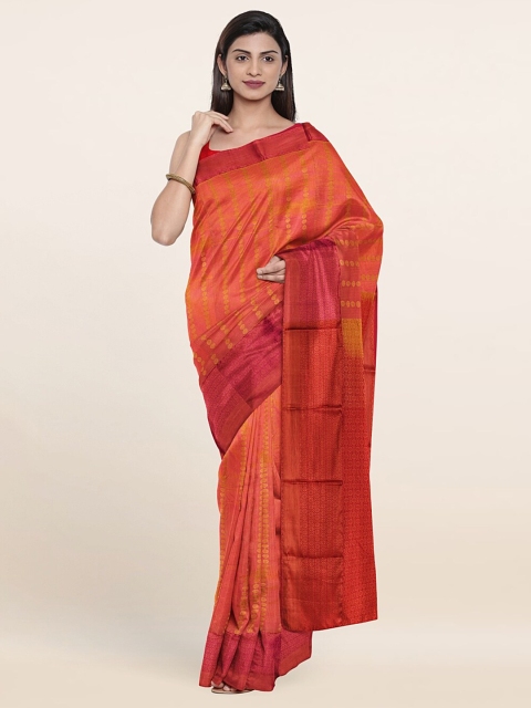 

Pothys Peach-Coloured & Maroon Ethnic Motifs Zari Pure Silk Saree