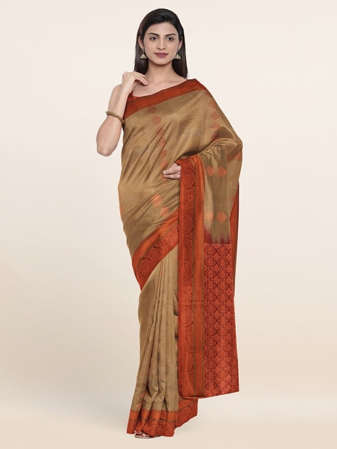 

Pothys Tan & Red Ethnic Motifs Zari Pure Silk Saree