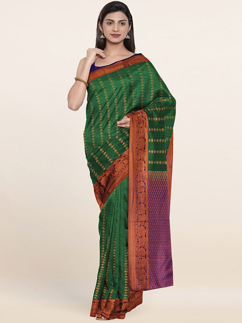

Pothys Green & Purple Floral Zari Pure Silk Saree