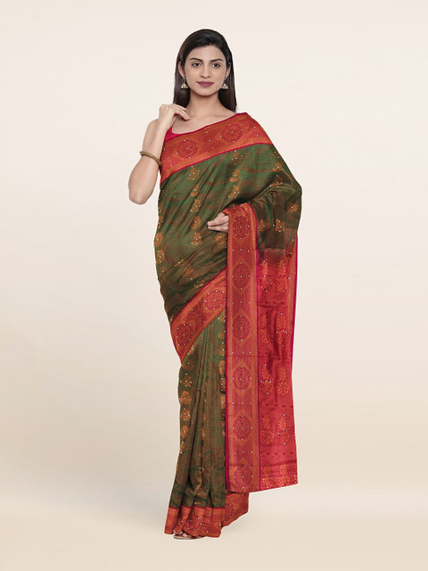 

Pothys Olive Green & Red Ethnic Motifs Sequinned Pure Silk Saree