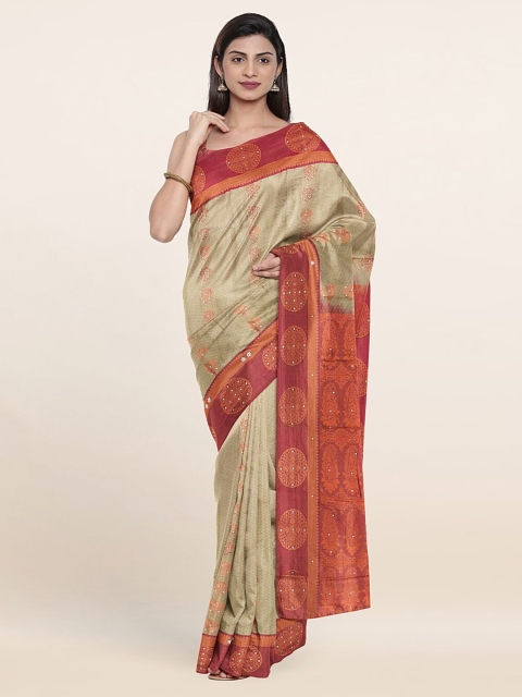 

Pothys Cream-Coloured & Red Ethnic Motifs Pure Silk Saree