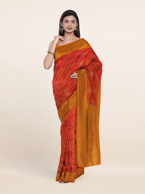 

Pothys Peach-Coloured & Gold-Toned Embellished Beads and Stones Pure Silk Saree