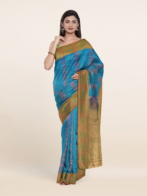 

Pothys Blue & Gold-Toned Floral Zari Pure Silk Saree