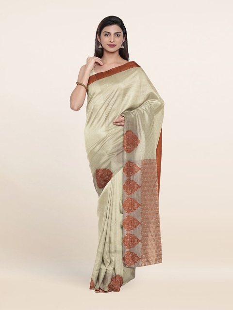 

Pothys Cream-Coloured & Brown Zari Pure Silk Saree